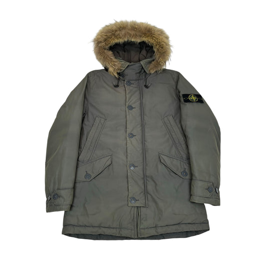 Stone Island Green Micro Reps Down Fur Hood Compass-Patch Jacket