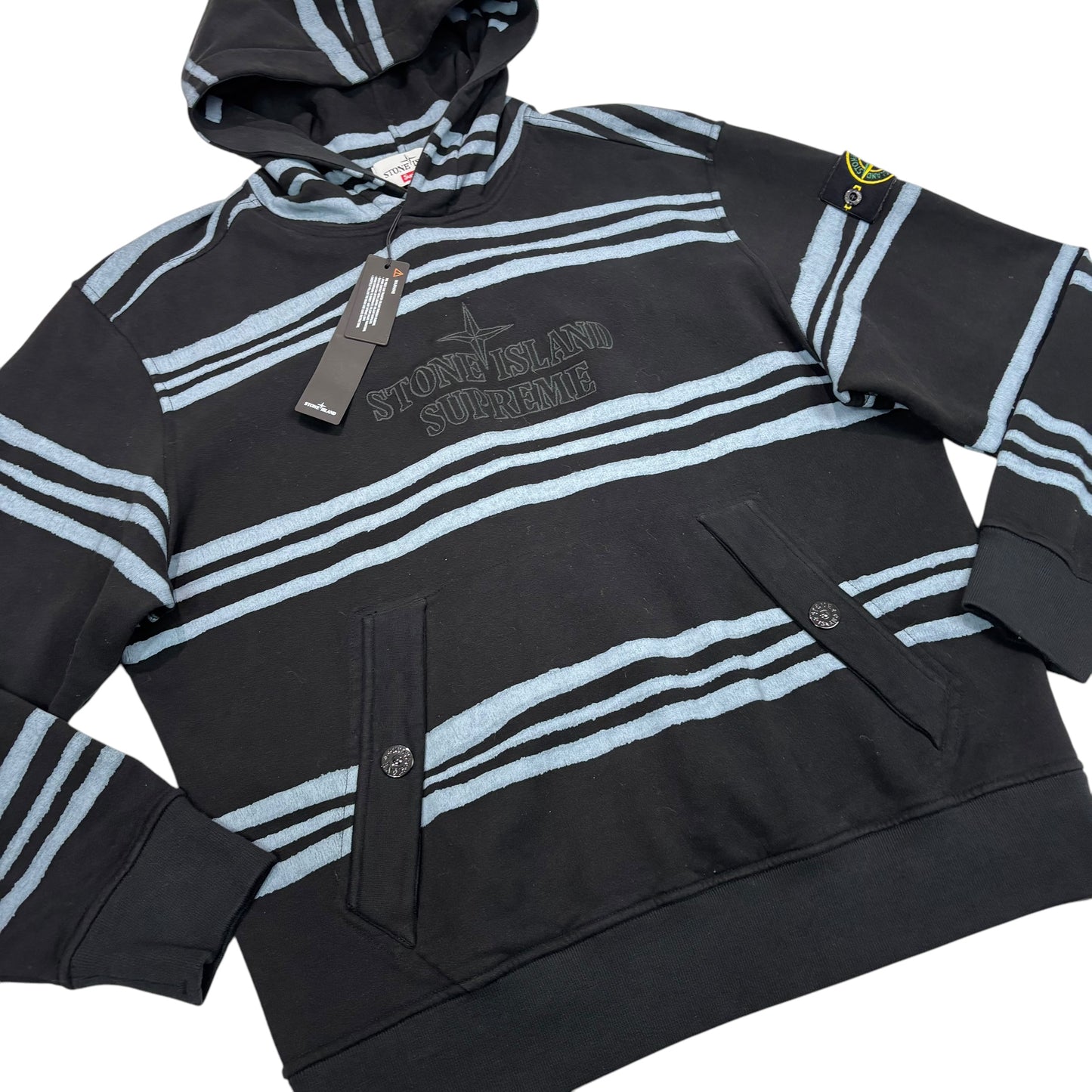 Stone Island x Supreme Black Striped Compass-Patch Logo Embroidery Hoodie