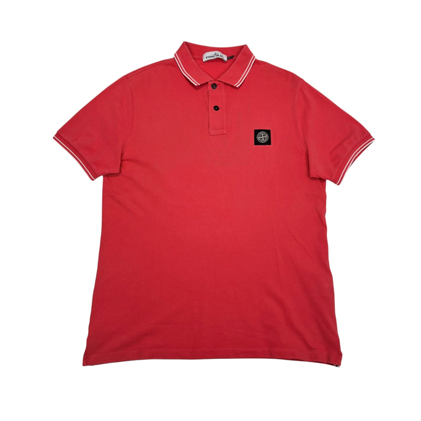 Stone Island Salmon Pink Striped Patch Logo Polo Shirt