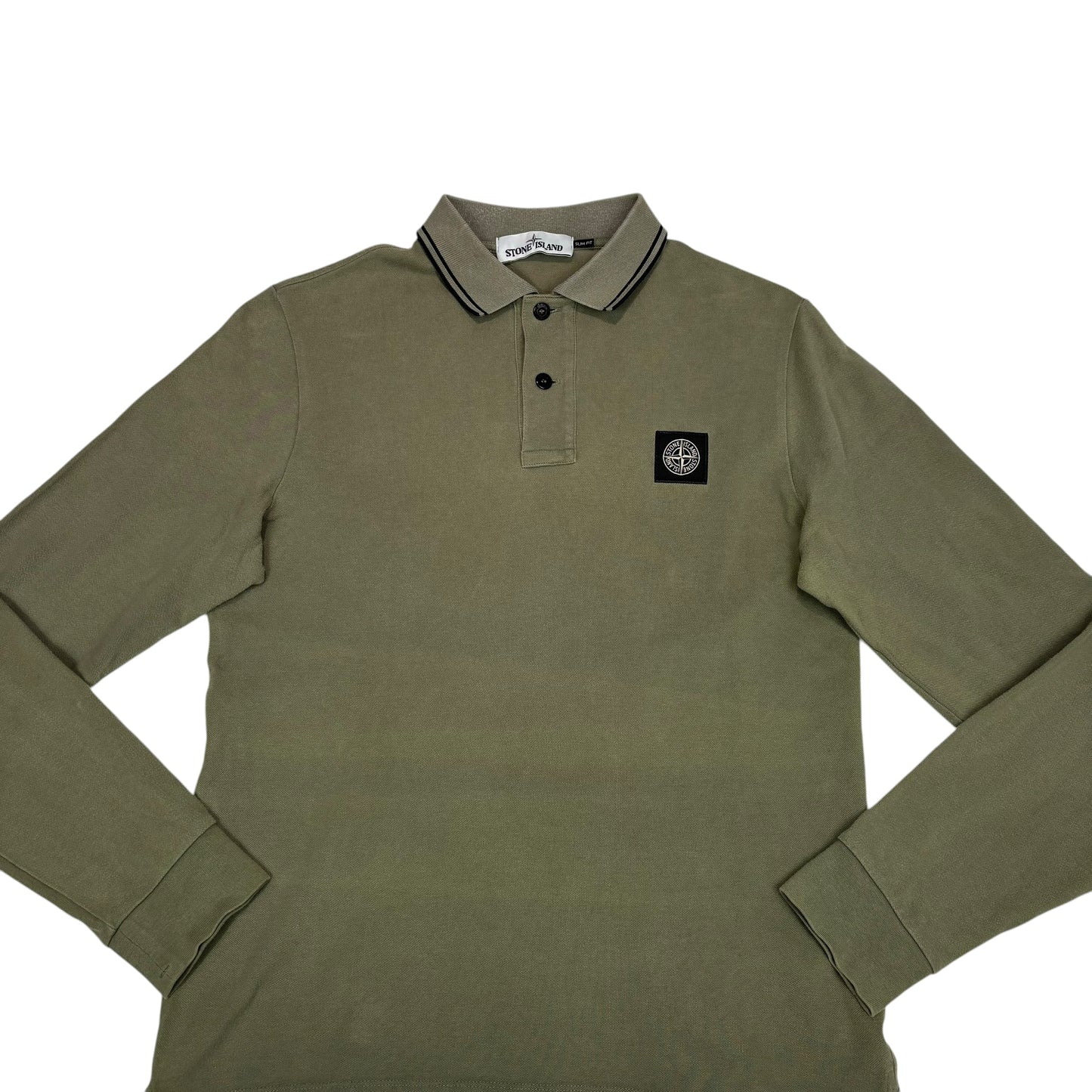 Stone Island Green Long Sleeved Striped Box Logo Polo Shirt