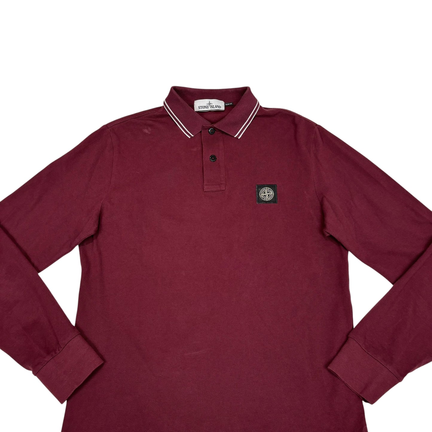 Stone Island Burgundy Long Sleeved Striped Box Logo Polo Shirt