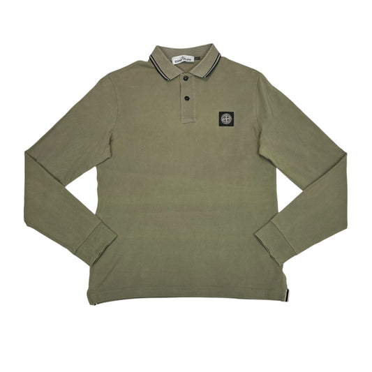 Stone Island Green Long Sleeved Striped Box Logo Polo Shirt