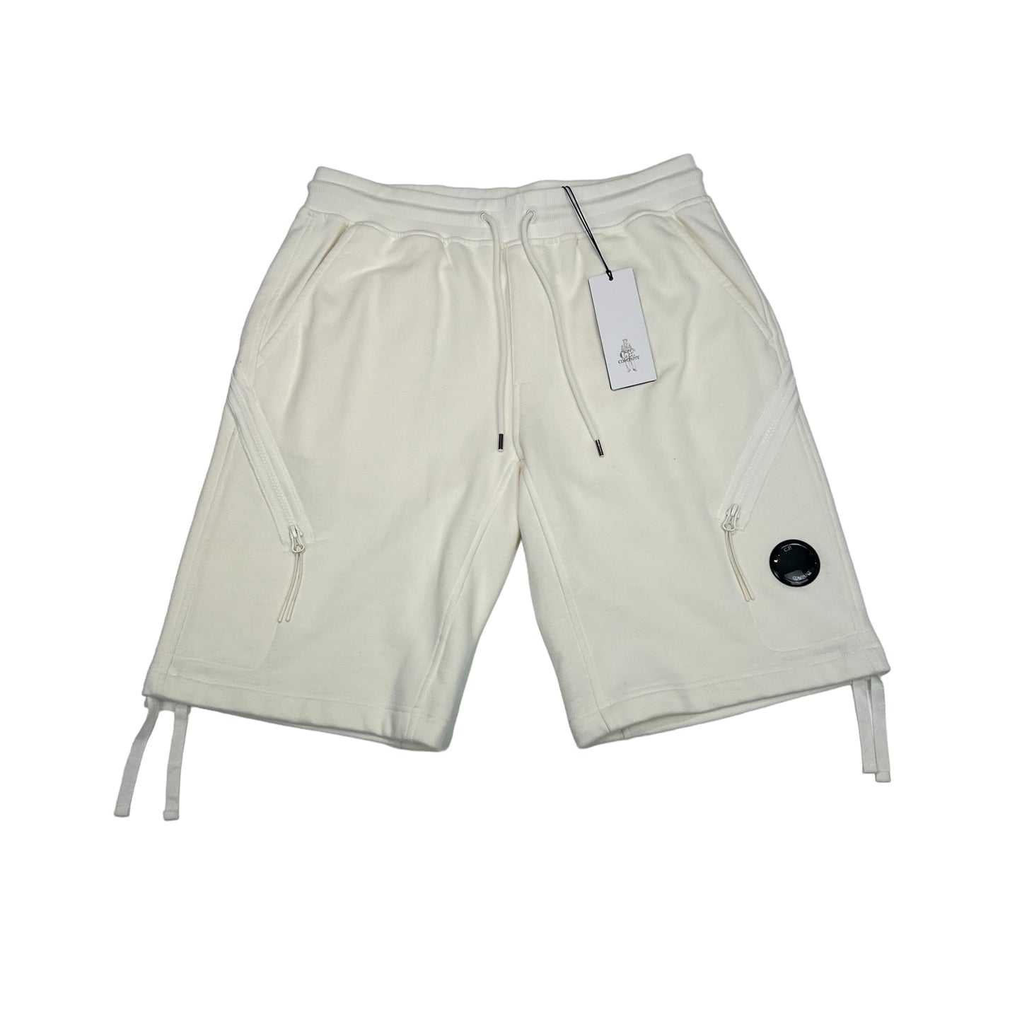 CP Company White Diagonal Raised Fleeced Zipped Pocket Shorts