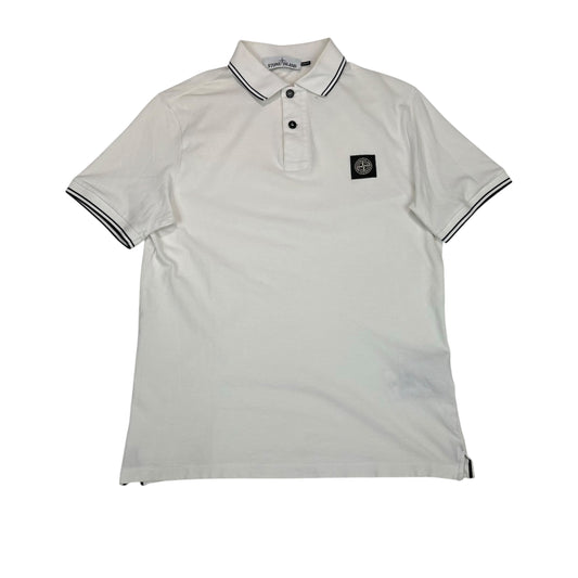 Stone Island White  Box Logo Striped Polo Shirt