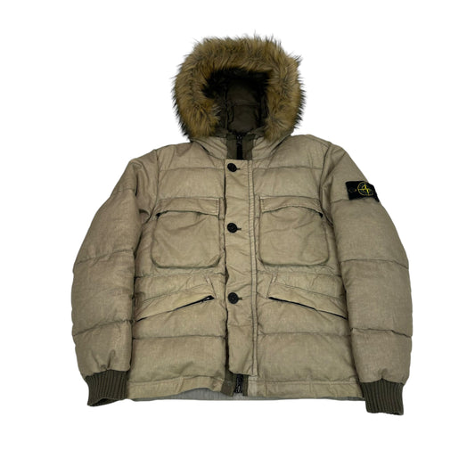 Stone Island Beige Lino Resinato Down-TC Fur Hooded Jacket