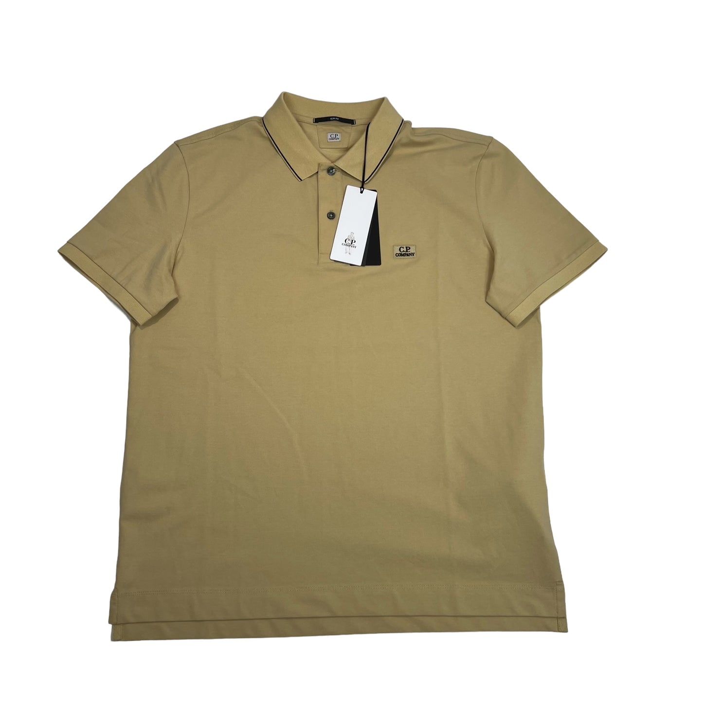 CP Company Beige Stretch Piquet Box-Logo Spell Out Polo Shirt