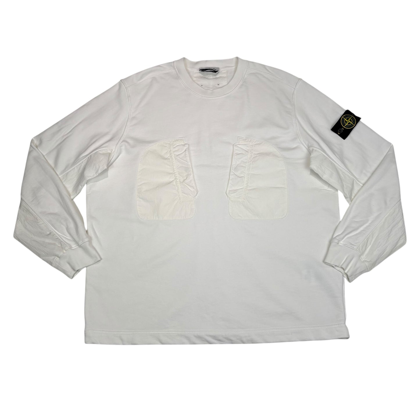 Stone Island White Nylon Pocket Compass Patch Crewneck Jumper