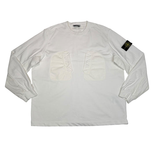 Stone Island White Nylon Pocket Compass Patch Crewneck Jumper