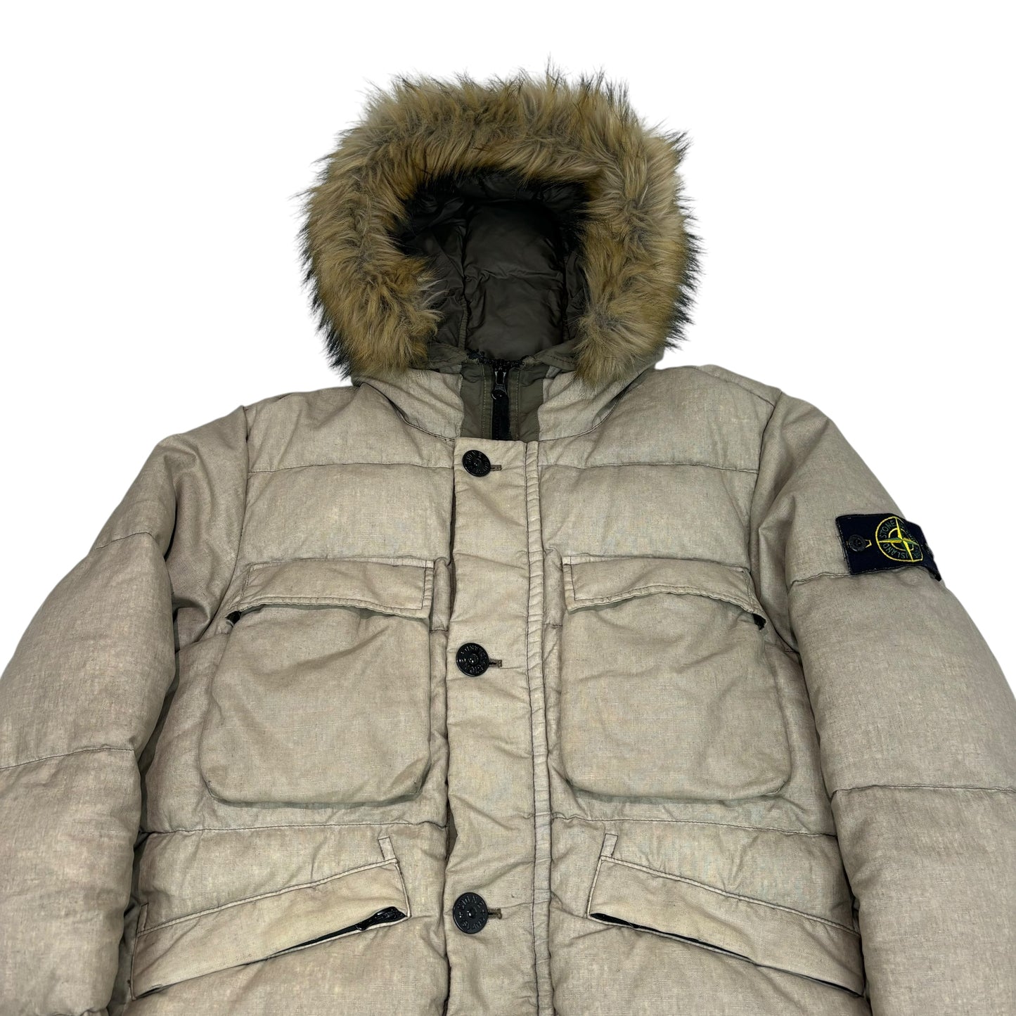 Stone Island Beige Lino Resinato Down-TC Fur Hooded Jacket