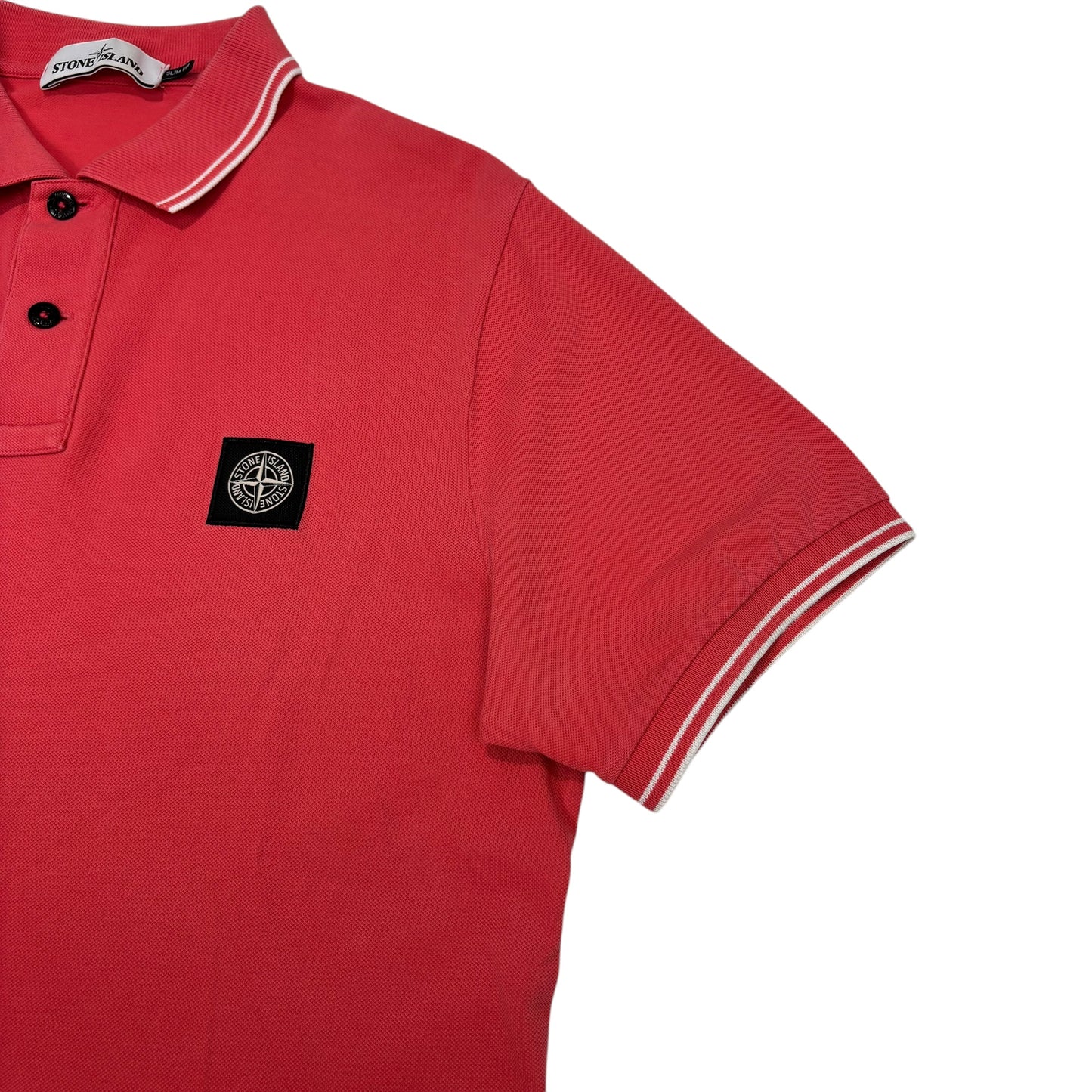 Stone Island Salmon Pink Striped Patch Logo Polo Shirt