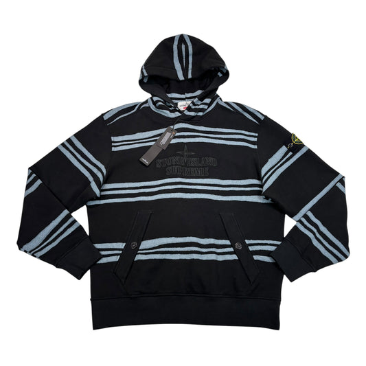 Stone Island x Supreme Black Striped Compass-Patch Logo Embroidery Hoodie