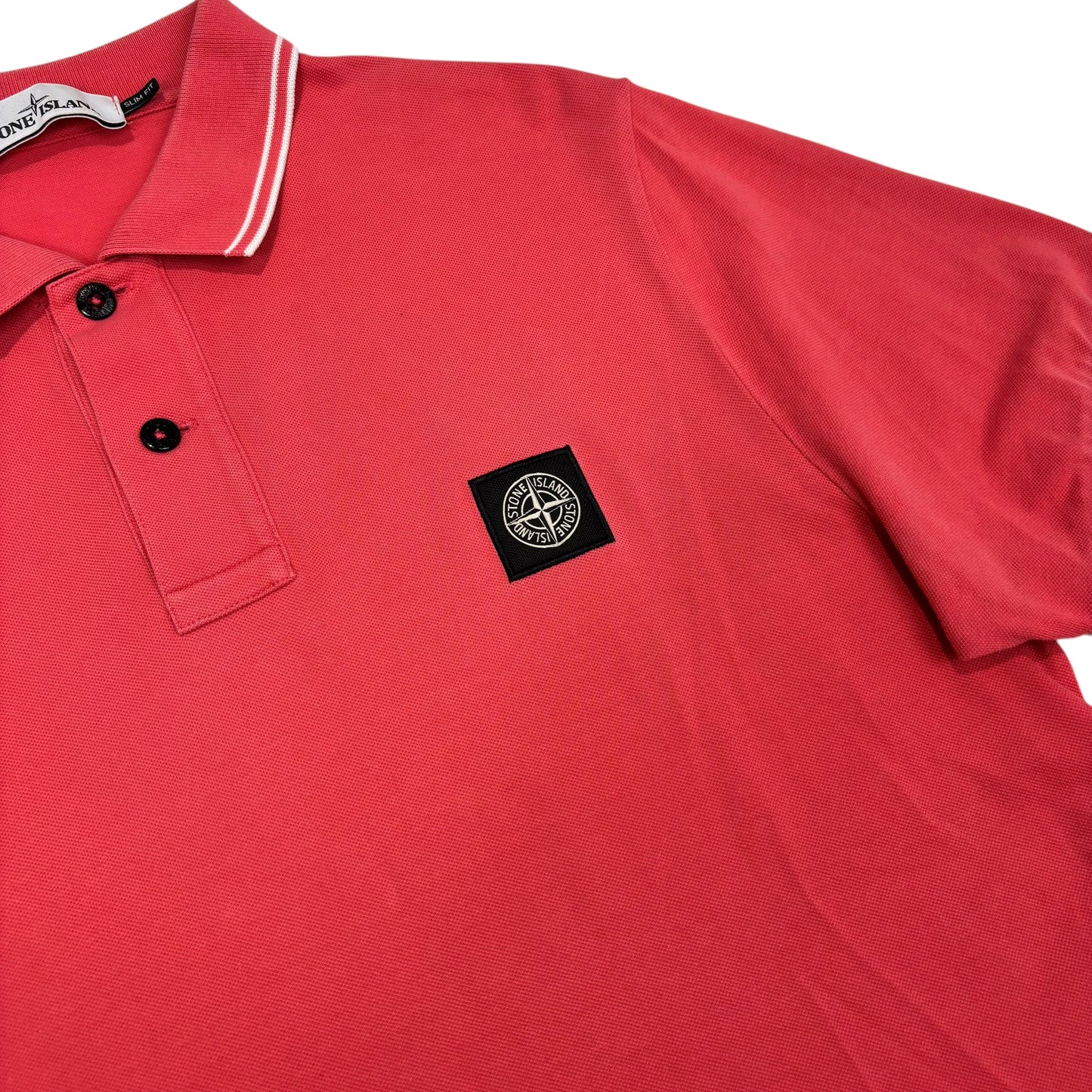 Stone Island Salmon Pink Striped Patch Logo Polo Shirt