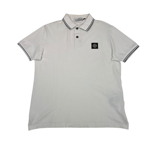 Stone Island White  Box Logo Striped Polo Shirt