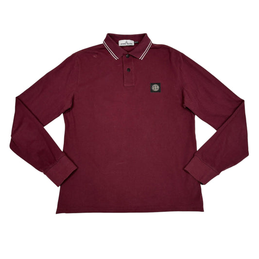 Stone Island Burgundy Long Sleeved Striped Box Logo Polo Shirt