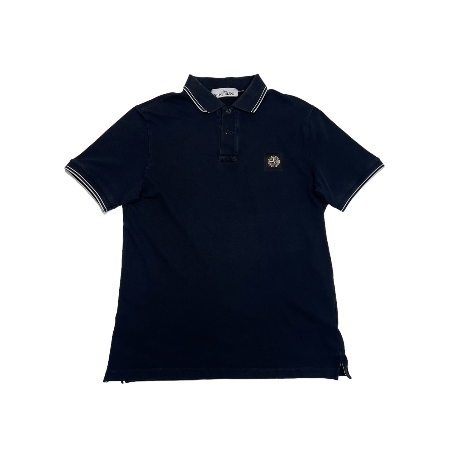 Stone Island Navy Blue Patch Logo Striped Polo TShirt