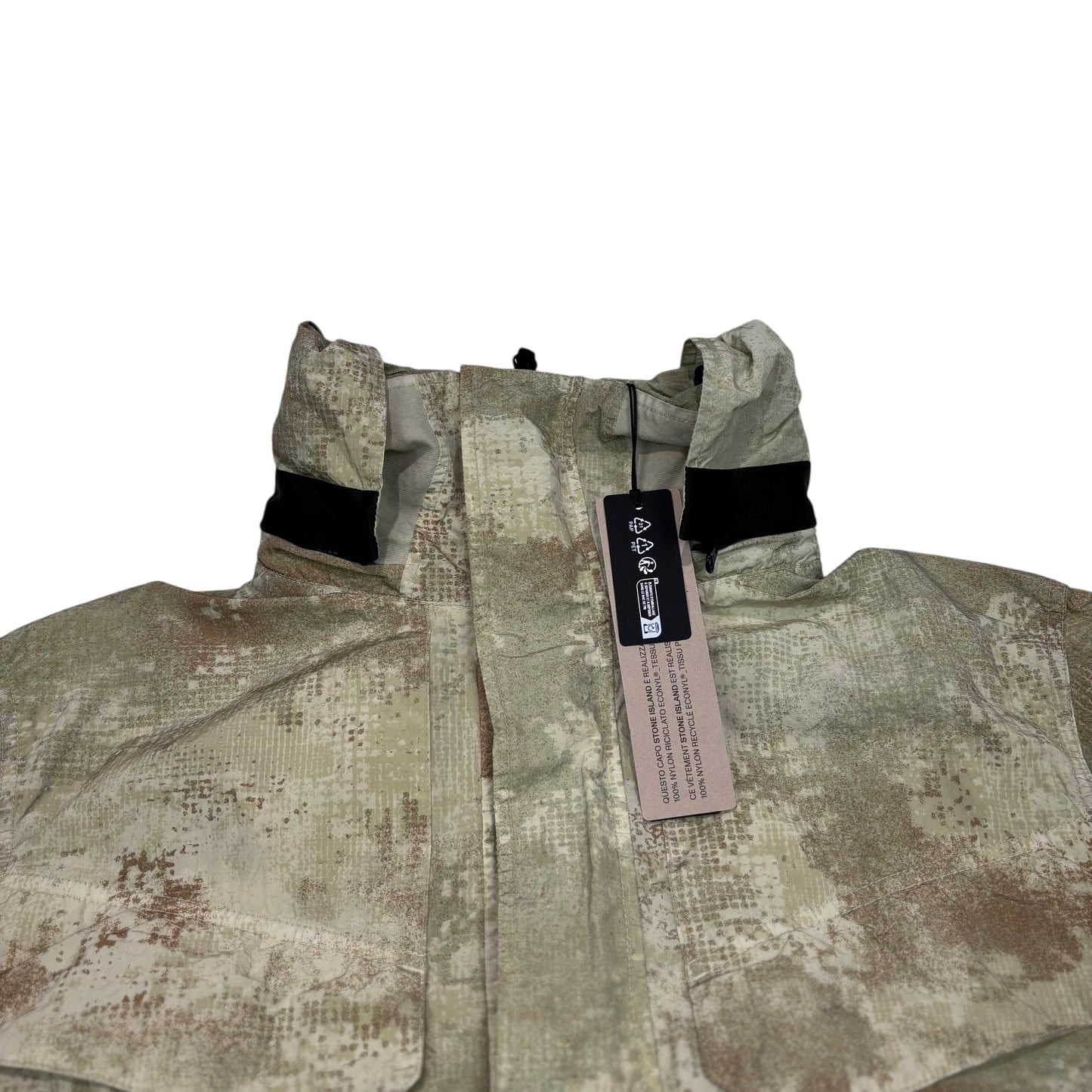 Stone Island Desert Tan Dissolving Grid Camo on Econyl Regenerated Nylon with Hidden Hood Jacket