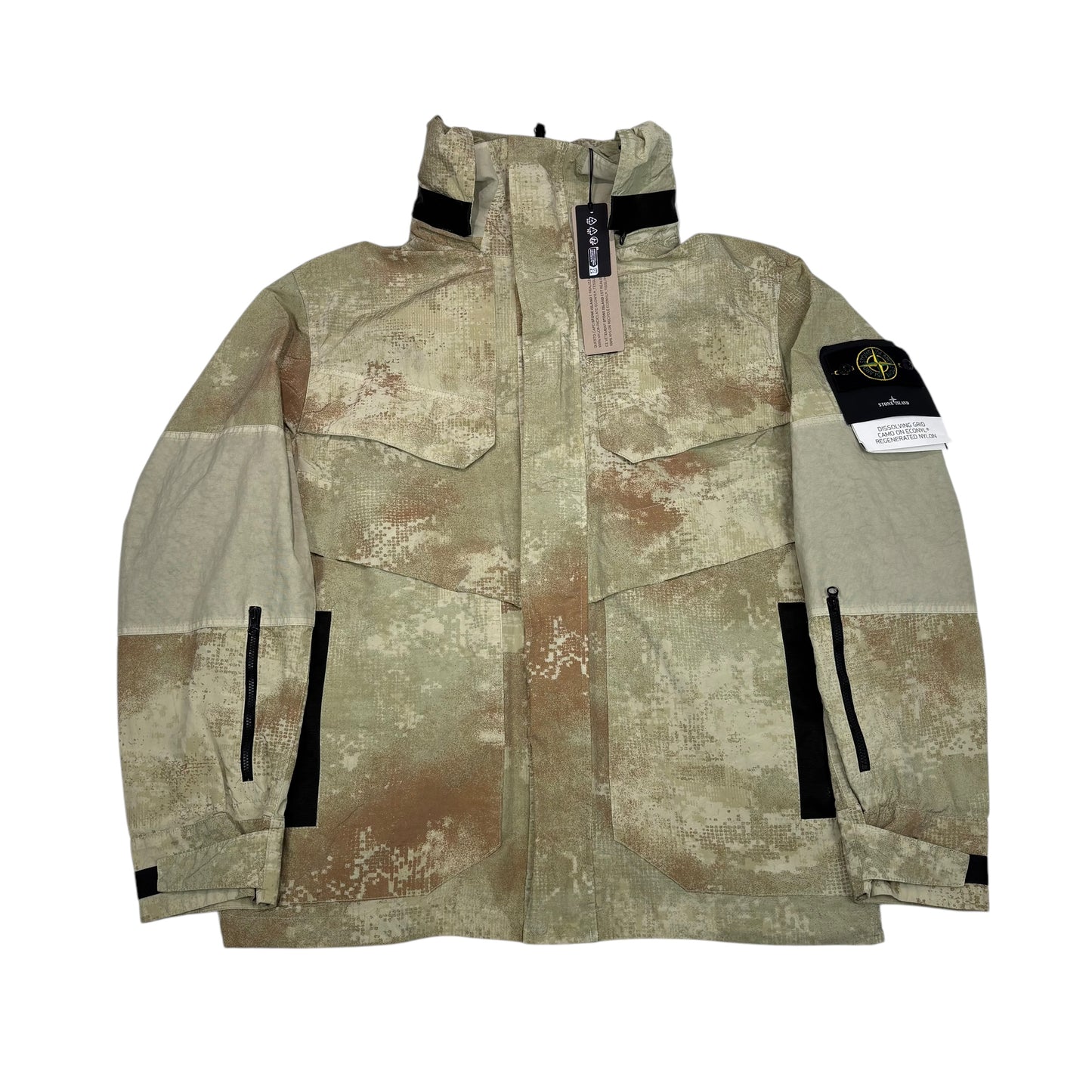 Stone Island Desert Tan Dissolving Grid Camo on Econyl Regenerated Nylon with Hidden Hood Jacket