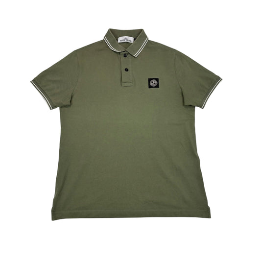 Stone Island Green with White Stripes Patch Logo Polo Shirt