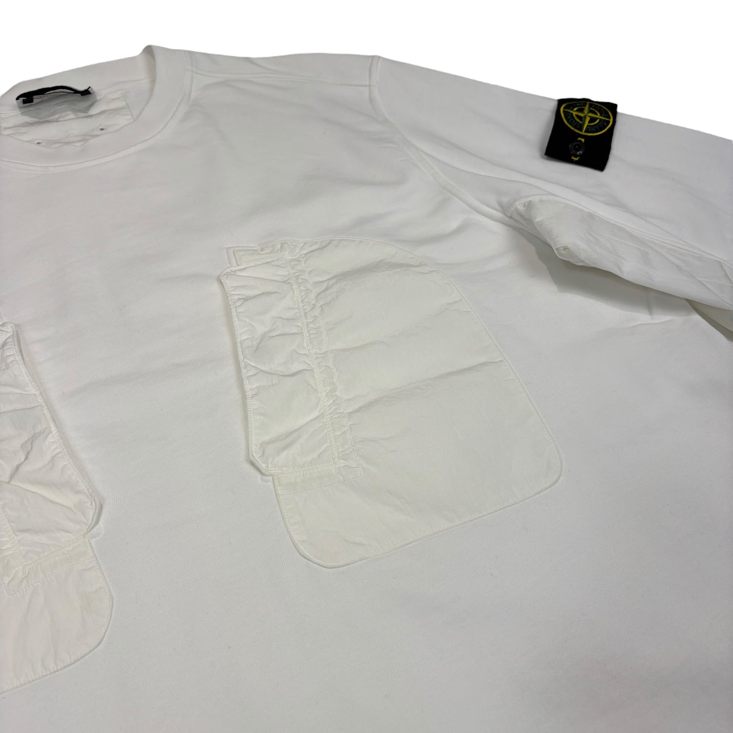 Stone Island White Nylon Pocket Compass Patch Crewneck Jumper