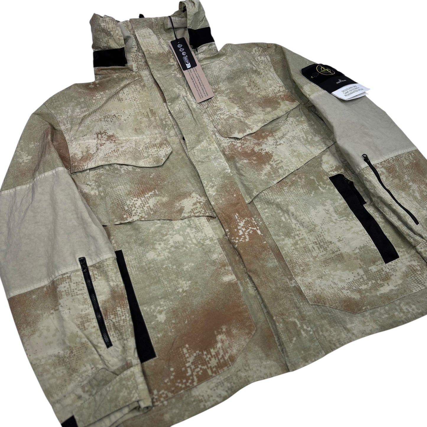 Stone Island Desert Tan Dissolving Grid Camo on Econyl Regenerated Nylon with Hidden Hood Jacket