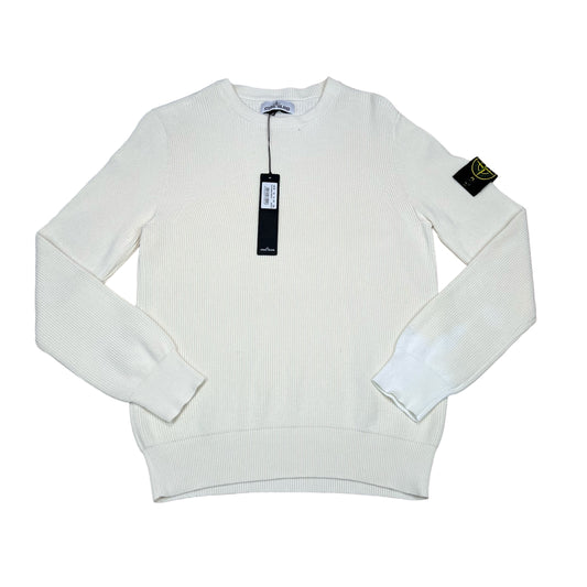 Stone Island White Ribbed Cotton Crew Neck Jumper