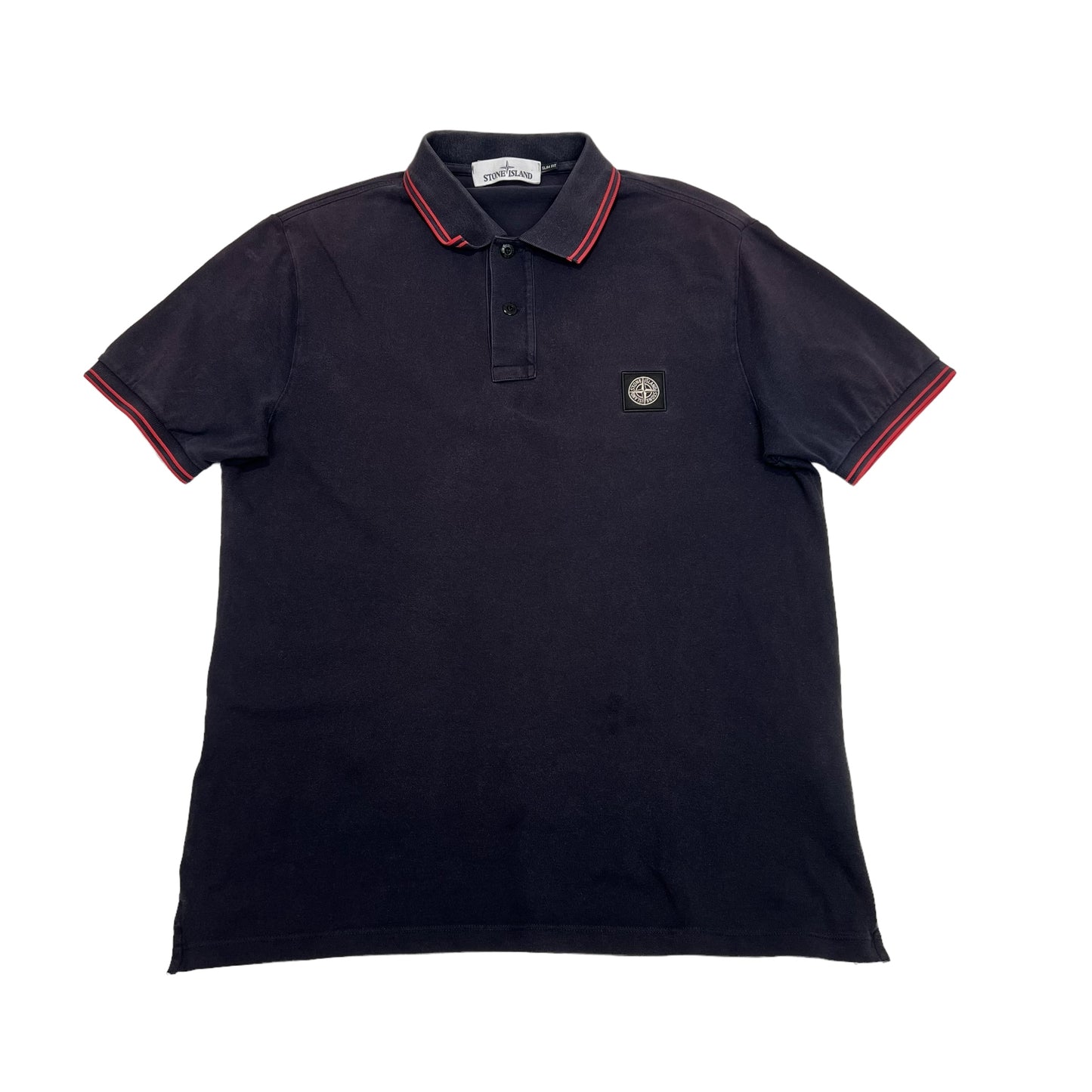 Stone Island Navy Blue with Red Stripes Patch Logo Polo TShirt