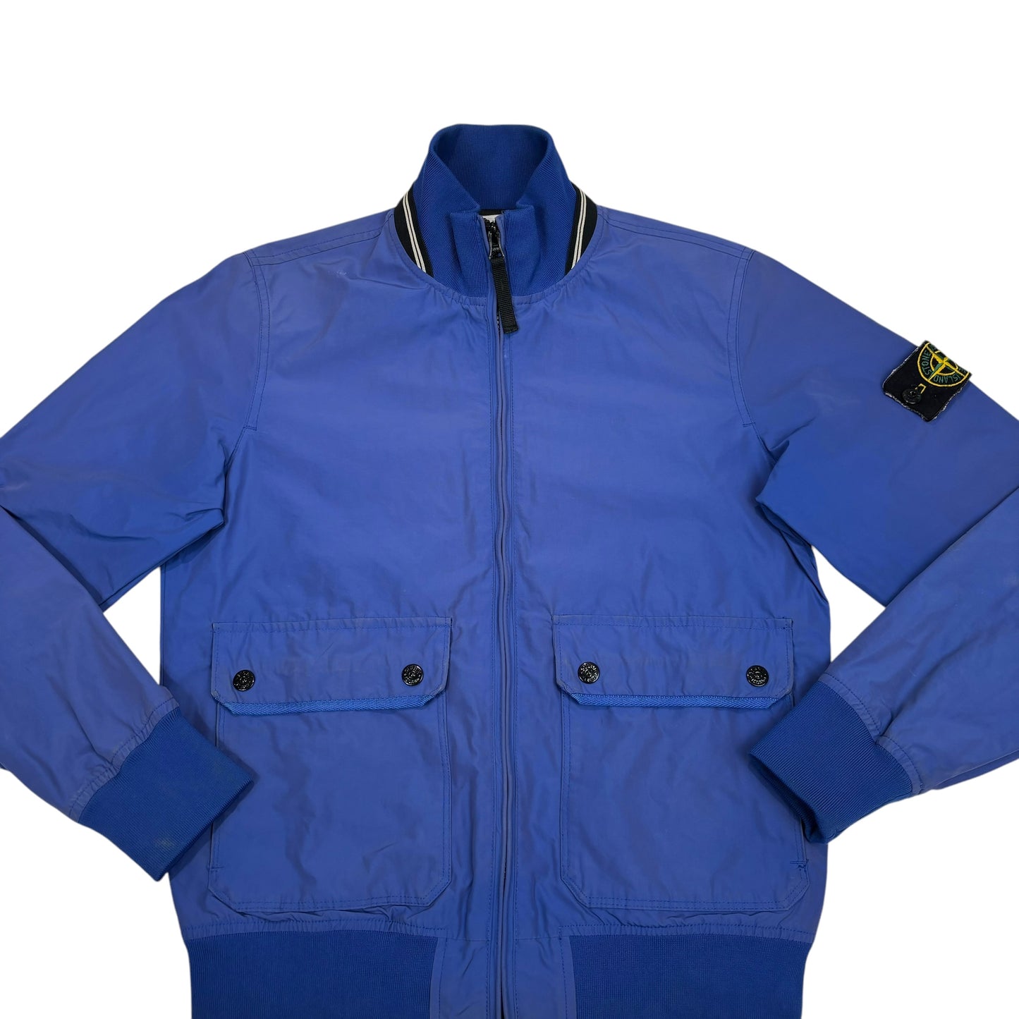 Stone Island Blue Compass-Patch Striped Collar Overshirt Jacket