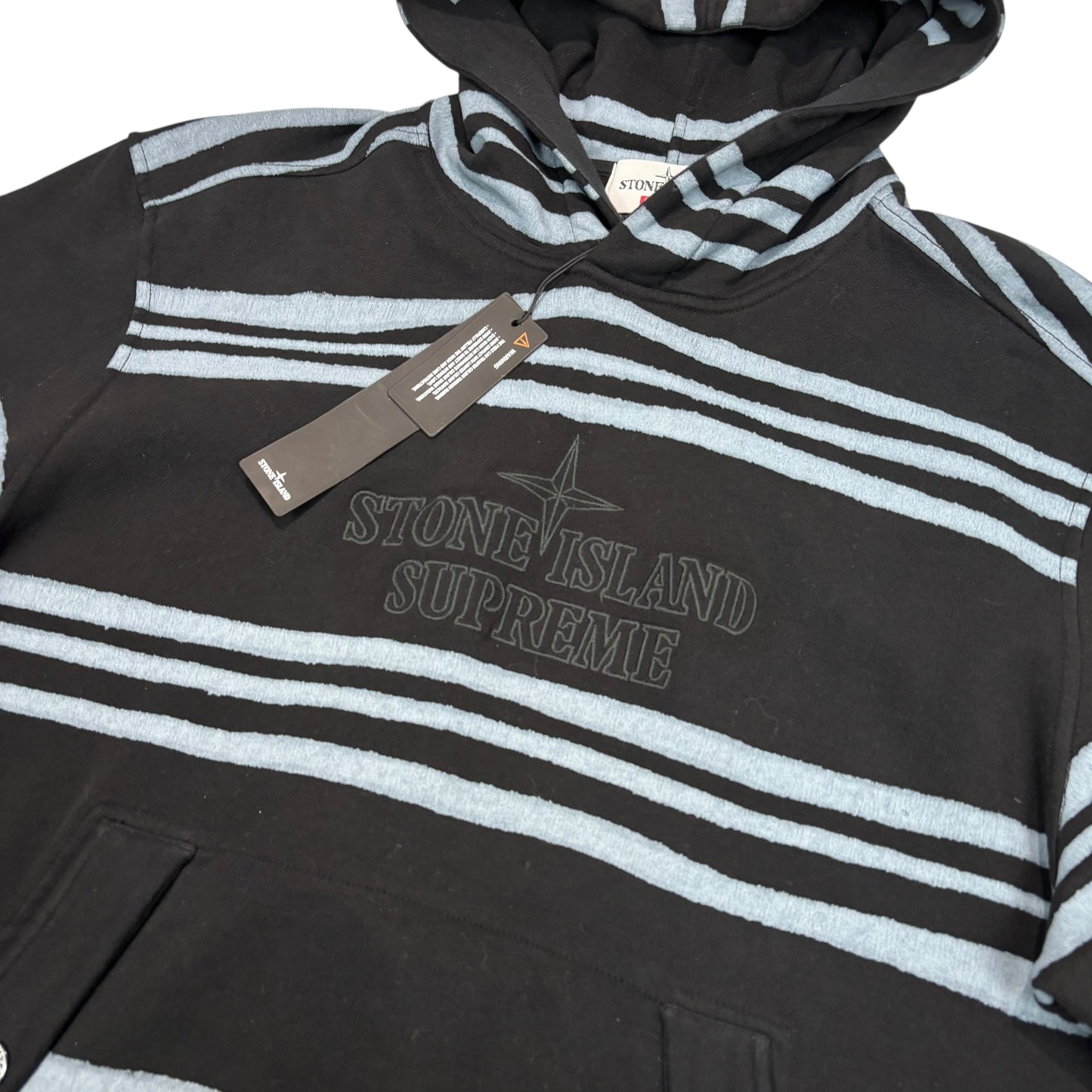 Stone Island x Supreme Black Striped Compass-Patch Logo Embroidery Hoodie