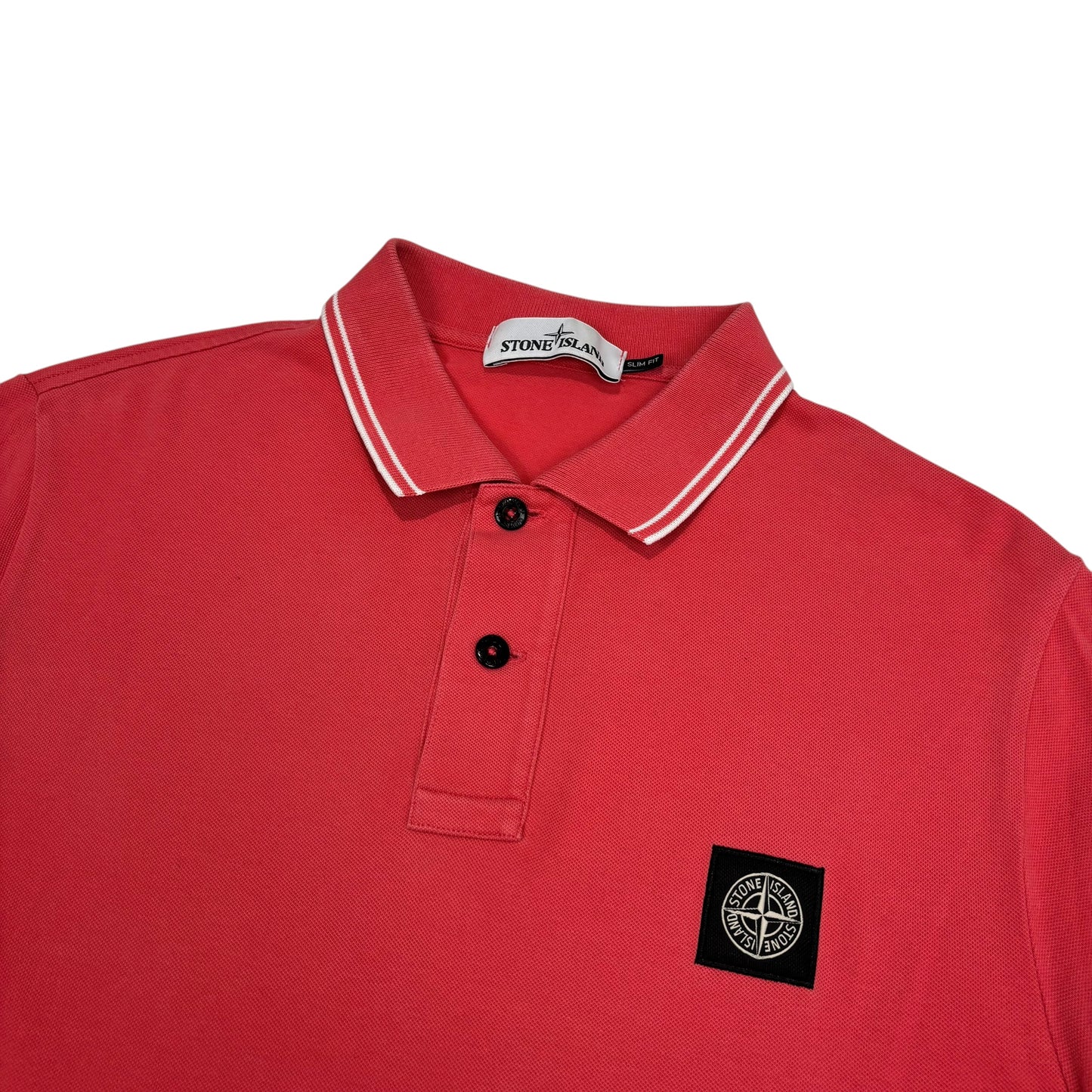 Stone Island Salmon Pink Striped Patch Logo Polo Shirt